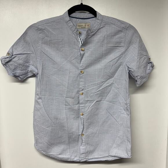Zara Boys Baby Blue White Windowpane Checkered Short Sleeve Button Up Size 11/12 - Picture 1 of 7